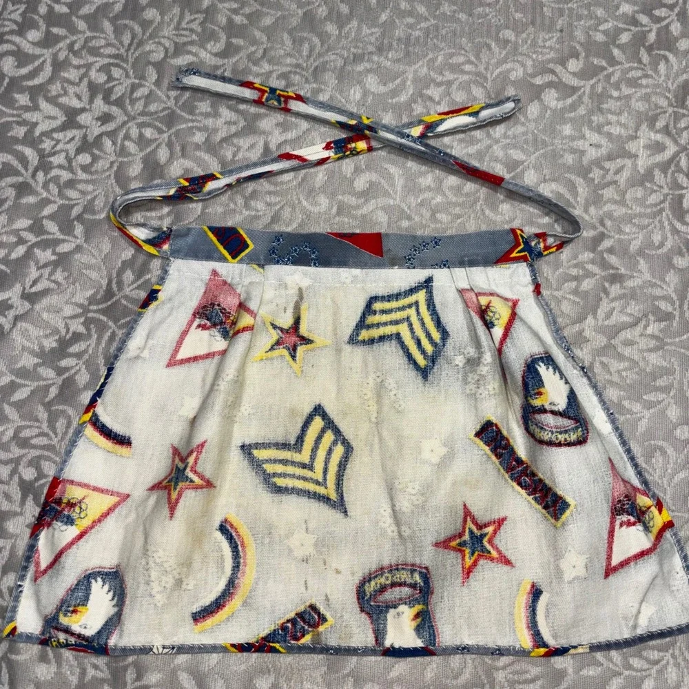 1960s Vintage Patriotic Military Print Half‎ Apron Blue Twill Americana
